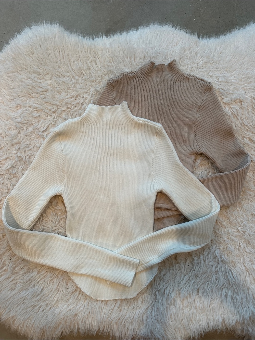 Ribbed Mock Neck Long Sleeve Top - Cream & Taupe
